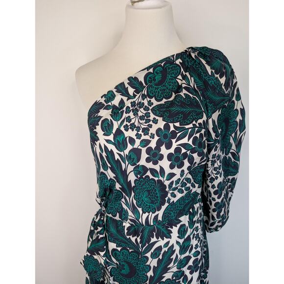 J Crew Collection Dress Womens 6 Green Navy Floral One Shoulder Midi BK996 - Picture 7 of 16
